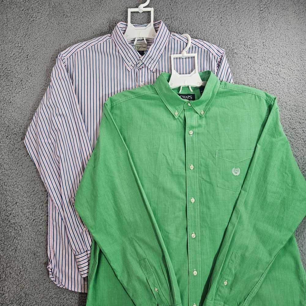 Lot of 2 - XL Men Shirt Button Up Long Sleeve J Crew Slim Striped + Chaps Green